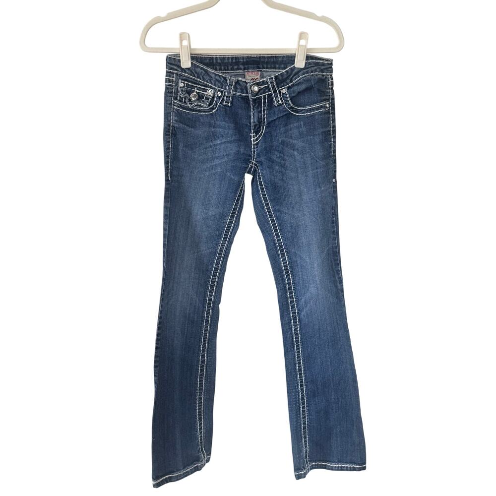 VTG Y2K Miss Chic Medium Wash Jeans White Contrast Stitch Jeweled 5 fits XS